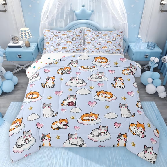 Feelyou Cat Kitten Queen Comforter Set, Cartoon Love Heart Bedding Comforter Set, 3pcs