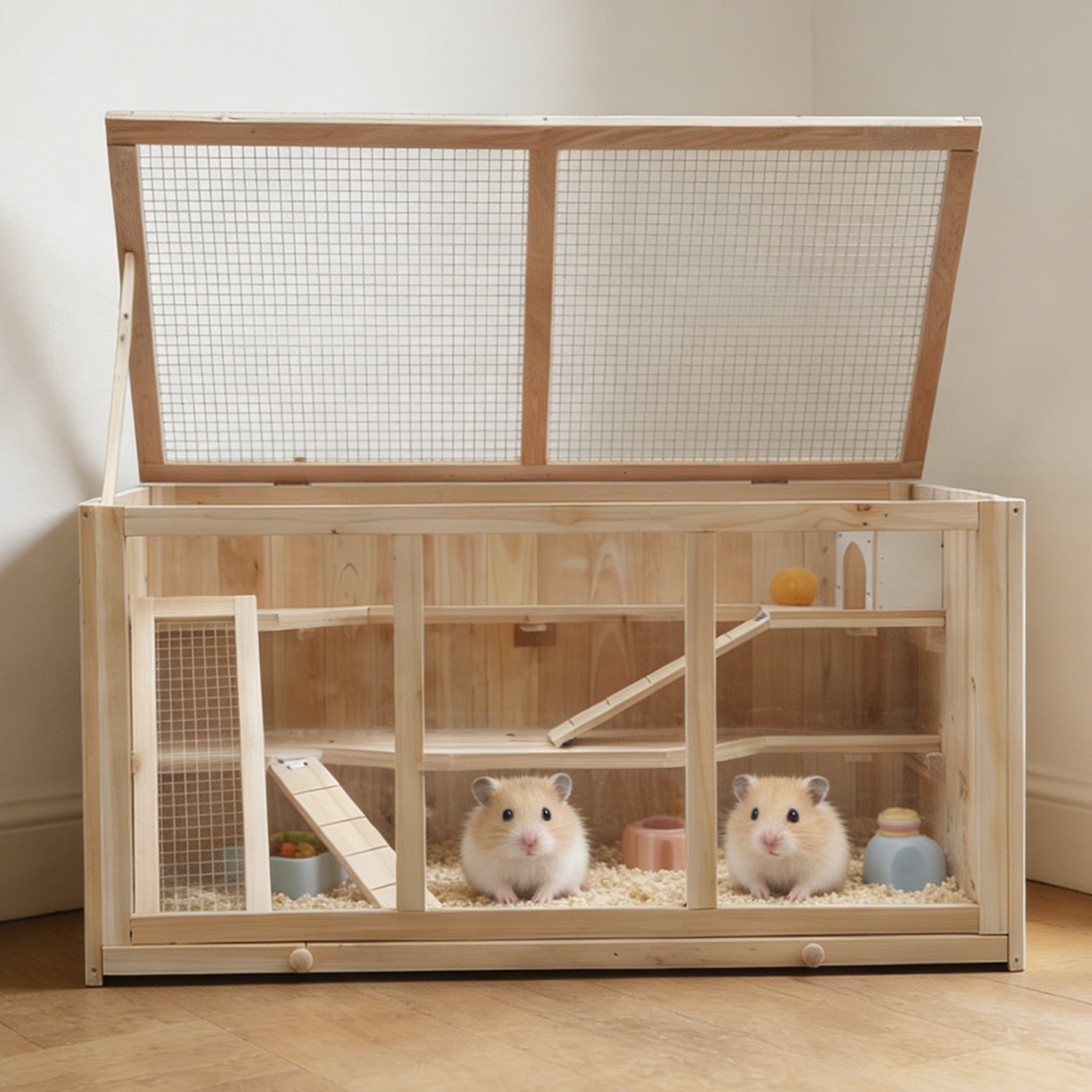 Large Wooden Hamster Cage with Acrylic Windows and Deep Tray, Multi-Level Small Pet Habitat for Syrian Hamsters and Guinea Pigs, Natural