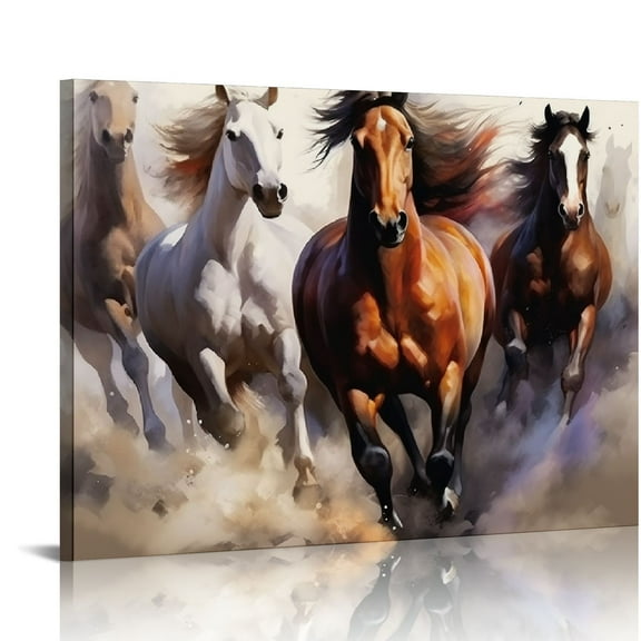 JRXY Animal Canvas Wall Art Four Galloping Horse Picture Print on Canvas for Home Decoration Framed Ready to Hang Black Frame 20x16in
