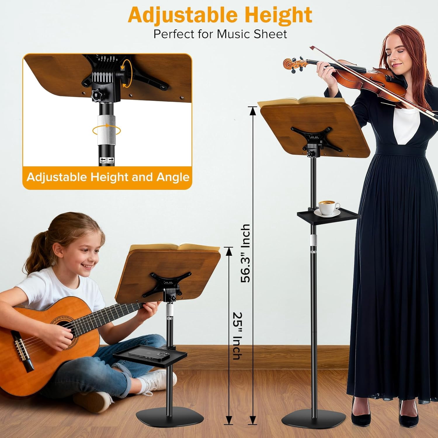 2-in-1 Dual-use Floor & Desktop Book Stand, Heavy Duty Wooden Music Stand with Adjustable Height from 16.5" to 51", Book Holder with Elastic Page Clips & Tray for Cookbook,Magazine,Laptop, Projector