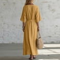 thumbnail image 4 of Uscallm Women Plus Size V Neck 3/4 Sleeve Tie Flowy Boho Maxi Dresses for Women Solid A-Line Long Casual Travel Dresses, Yellow S, 4 of 6
