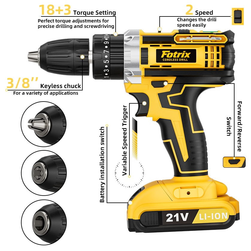 Fotrix 21V cordless impact drill (2.0Ah battery *1 with Tool box ) Powerful Motor for Drilling & Driving, 25+1 Torque Settings, 3-in-1 Versatile Working Modes, 2-Speed Control & Ergonomic Design
