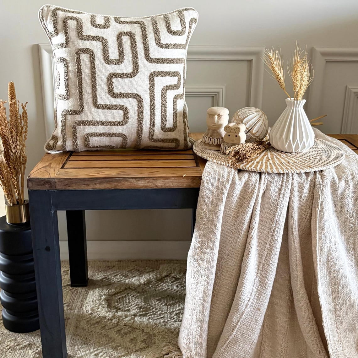 Boucle Embroidery Olive Green Decorative Throw Cushion Cover 65x65 cm Set of 2 Contemporary Linen Pillow Cover Geometric | Textured, Tufted, Maze Pillowcases for Couch, Sofa & Bed - Earth Maze