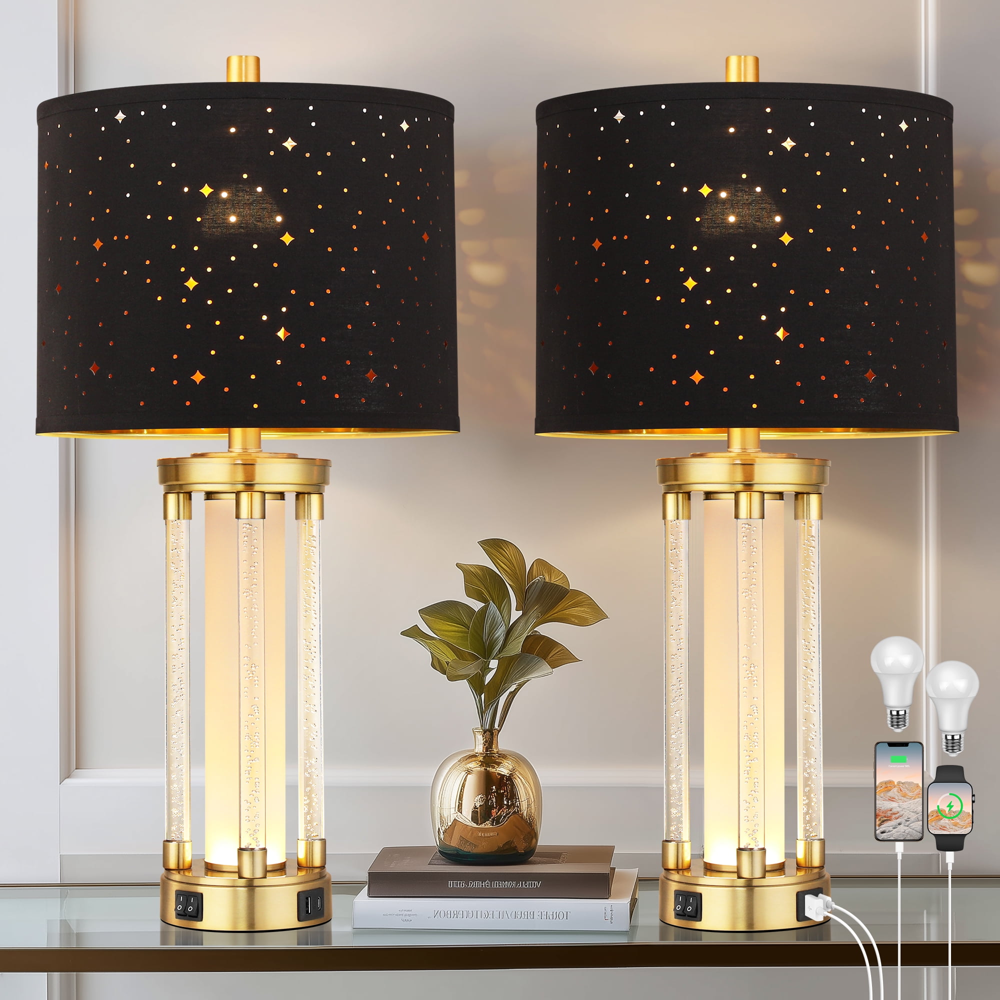 25" Morden Table Lamps Set of 2 with USB A+C Ports and Night Light, Unique Star Hallow Black Shade Lamp for Bedroom,Living Room (Bulb Included)