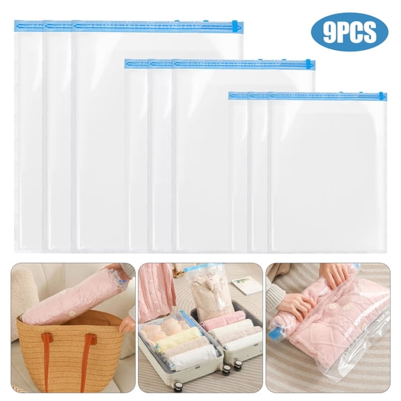 9pcs Compression Bags for Travel, EEEkit 3 Size Reusable Roll-Up Space Saver Bags, Vacuum Storage Bags for Clothes, Suitcase Packing Organizer