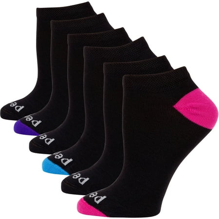 Peds Ladies Coolmax No Show Socks with Solid and Colored Heel and Toe Value Pack, 6 Pairs