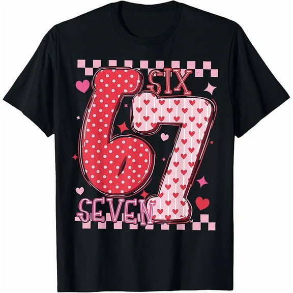 Funny Number 67 Heart Print Women Valentine Short Sleeve Graphic T-Shirt
