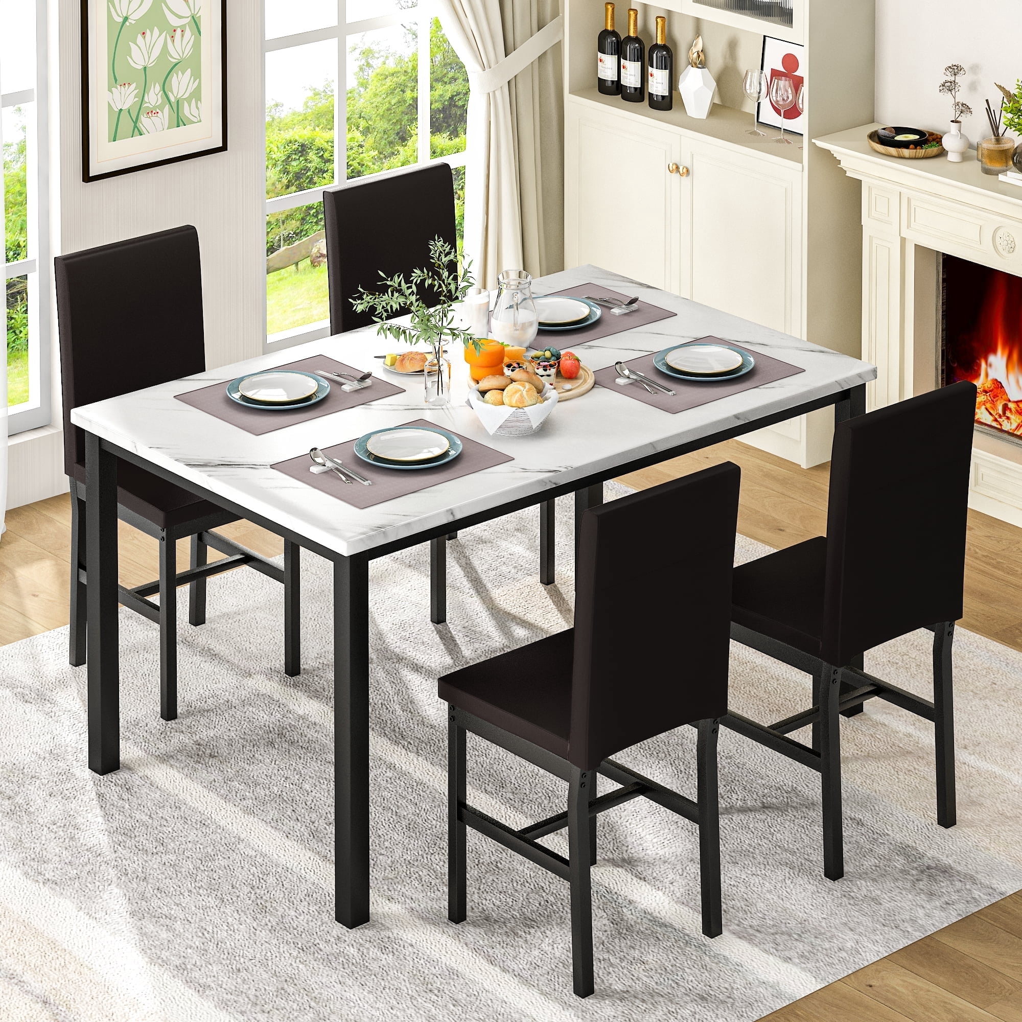 AWQM 5 Piece Dining Table Set, Modern Faux Marble Tabletop and 4 PU Leather Upholstered Chairs, Rectangle Kitchen Table and Chairs for 4 Persons, Small Dining Set for Bar Dining Room Breakfast Nook