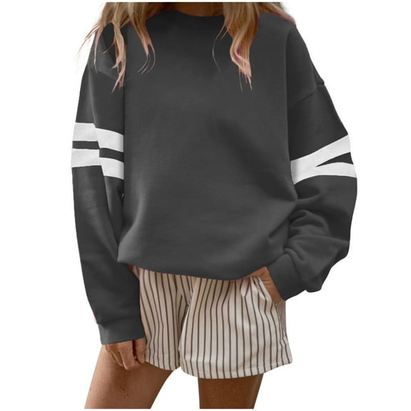 ZQGJB Plus Size Womens Varsity Striped Oversized Sweatshirt Loose Oversized Crewneck Long Sleeve Casual Fashion Pullover Top Fall Outfits Dark Gray M