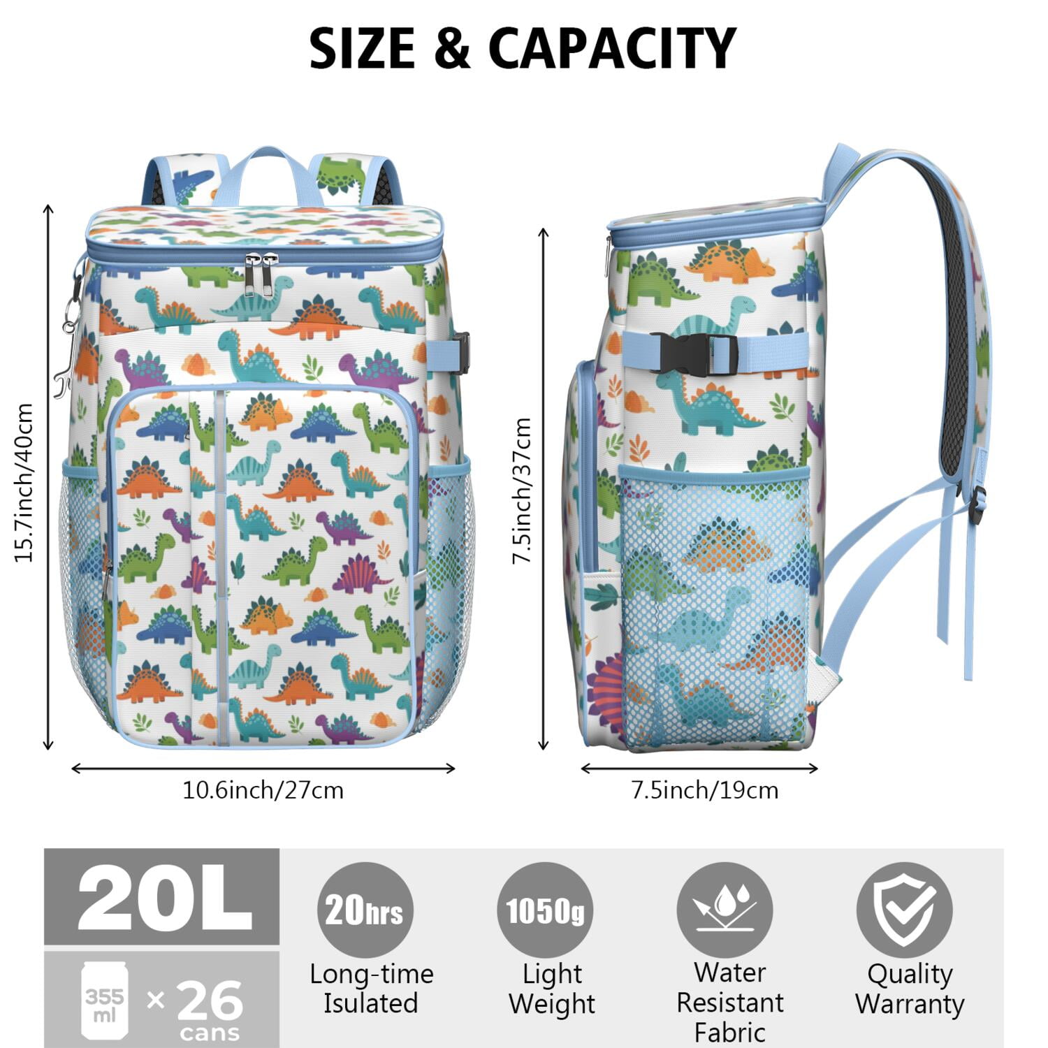Travel Cooler Bag - White Cartoon Dinosaurs Leaves Pattern Camping Beer Cooler Backpack with Bottle Opener- Waterproof Insulated Picnic Backpacks - Cooler Bag for Beach