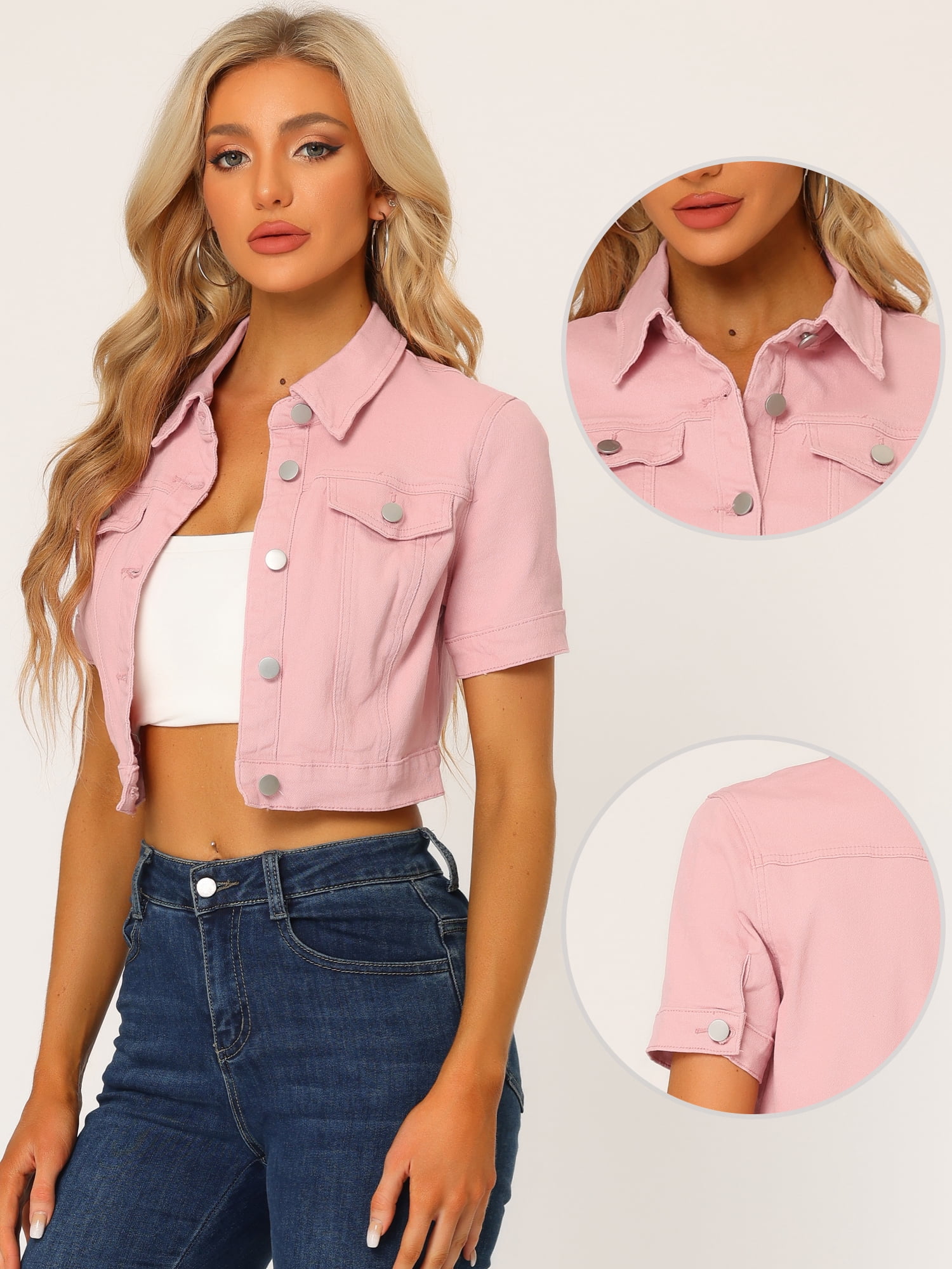 DARING DIVA Women's Short Sleeves Crop Button Down Denim Jacket L Pink