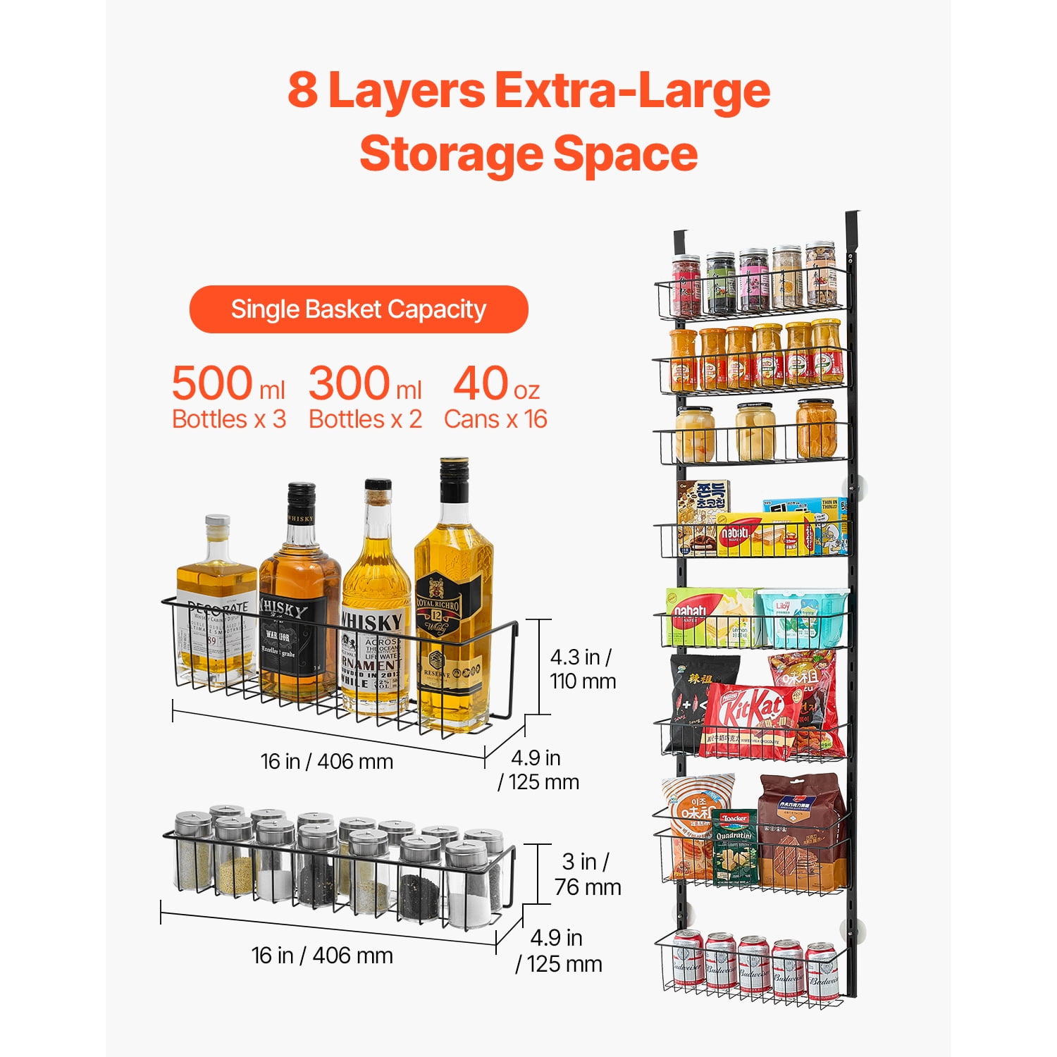 KFFKFF Door-Mounted Pantry Organizer, 8-Level Storage Solution, Robust Steel Constructed Spice Holder, Customizable Wall-Mounted Condiment Shelves, Suitable for Kitchen, Laundry Area, Bathroom, Black