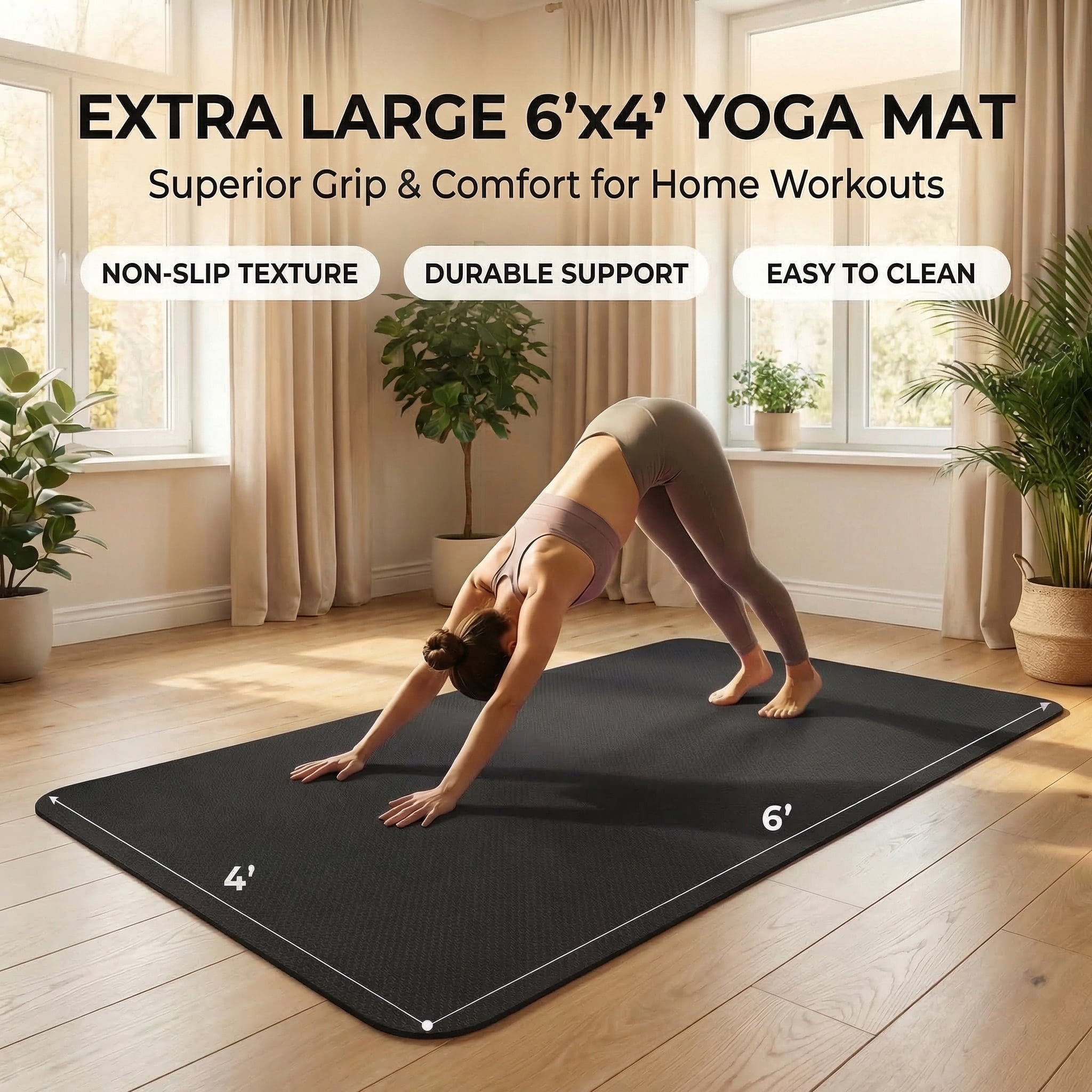 FrenzyBird Large Yoga Mat 6'x4' (72"x48") 183x122cm, 1/4" Thick TPE Non-Slip Extra Wide Exercise Mat, Big Home Workout Mat for Yoga, Pilates, Gym & Floor Workouts for Women & Men（6mm Black）