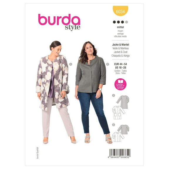 Burda Sewing Pattern 6034 Jackets, Coats 18-28 (44-54)