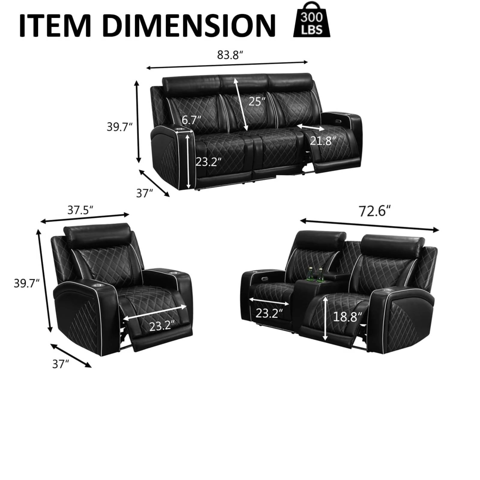 Electric Power Recliner Loveseat with USB Ports and Cup Holders, 3 Seater Leather Reline Couch Home Theater for Living Room, Black