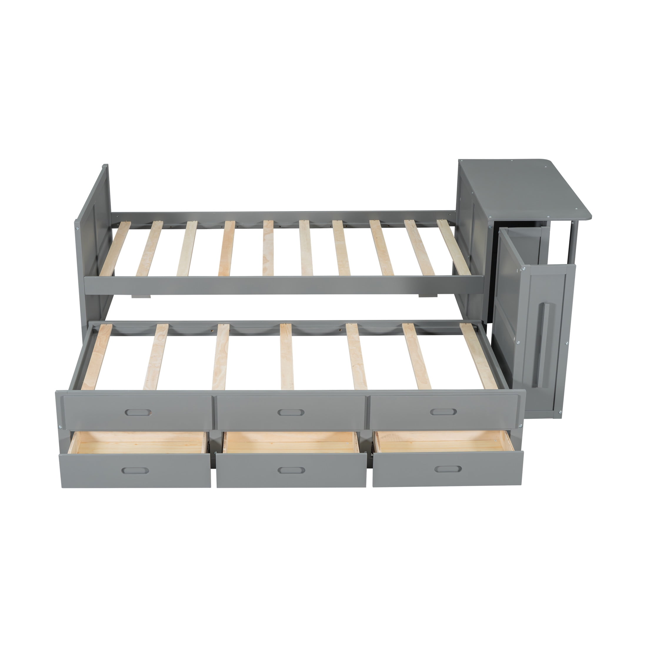 Noble House Twin Size Multifunctional Platform Bed with Trundle, 3 Drawers, Desk and Storage Shelf, Gray