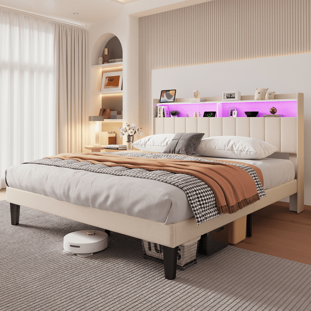 Queen Size Bed Frame, Upholstered Platform Bed Frame with Led & Charging Station, Noise-Free, No Box Spring Needed, Easy Assembly - Beige