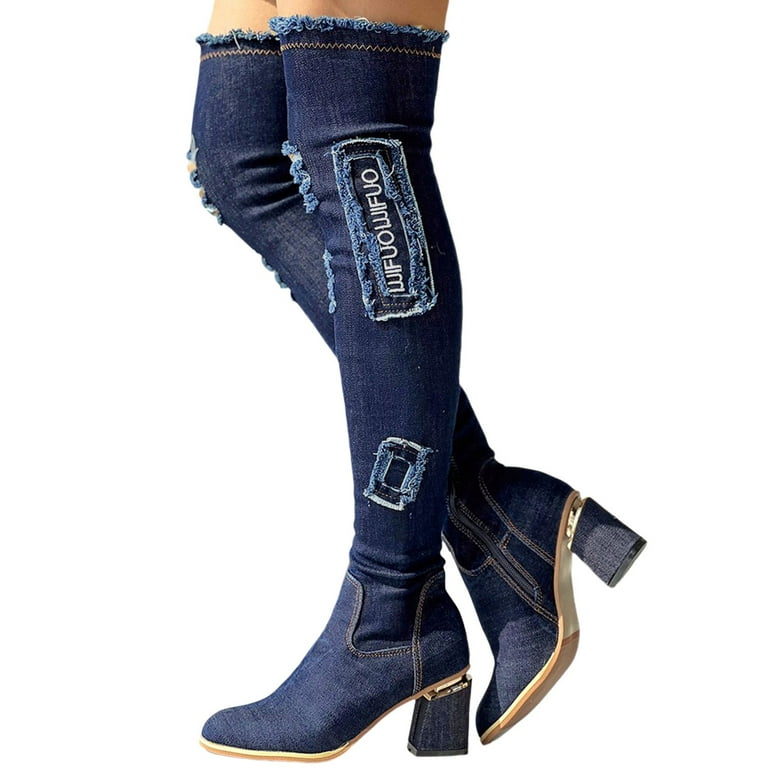 Walking Shoes Women Denim Knee Length Boots And Thick Heels Slim Legs Long Boots With Elastic High Heels That Do Not Fall Off The Tube Black Dress Shoes For Women Walmart