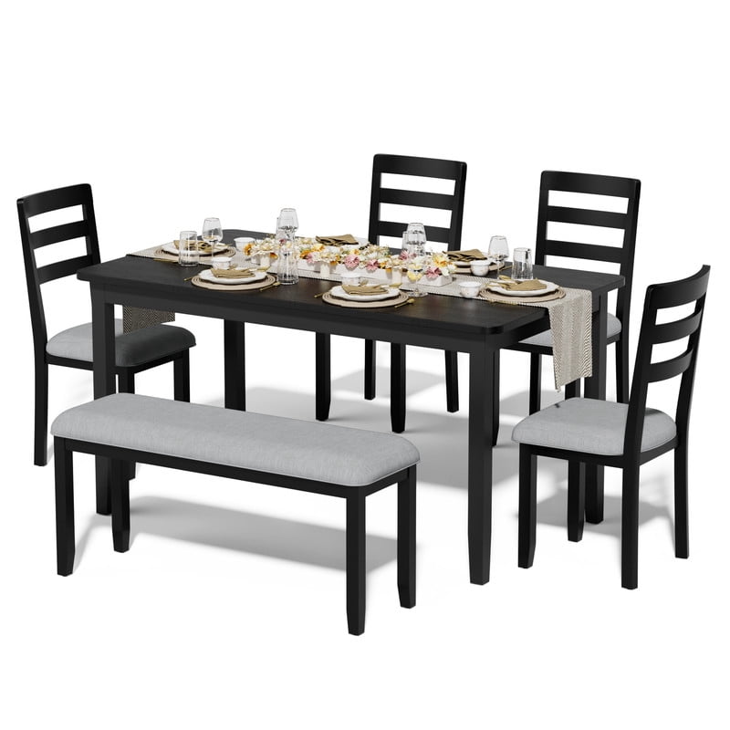 Lacoo Modern Simple Solid Wood Dining Table Set 6-Piece, 1 Table 4 Chairs 1 Bench, Kitchen Dining Room Furniture Set, Multiple Colors Available
