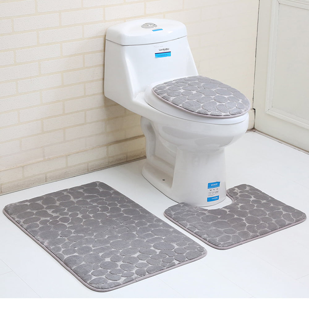 3Pcs/Set Bathroom Non-Slip Wooden Door Pedestal Rug+Lid Toilet Cover+Bath Mat 