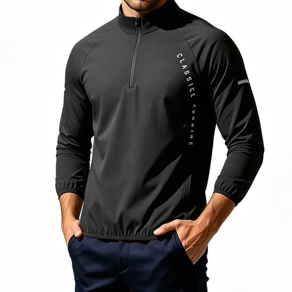 Sun Shirts for Men Long Sleeve UV Protection Tshirt Athletic Quarter Zip Pullover Stand Neck Quick Dry Lightweight Hiking Tops Black L