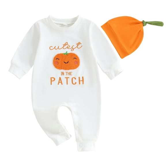 Vdoaml Baby Girl Halloween Pumpkin Romper with Hat 2 Piece Set Infant Long Sleeve Jumpsuit Newborn Fall Outfit 0-3 Months White