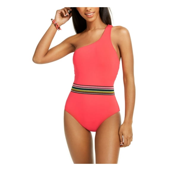 BAR III Women's Red Lined Removable cups Cabo Wabo One Shoulder One Piece Swimsuit L