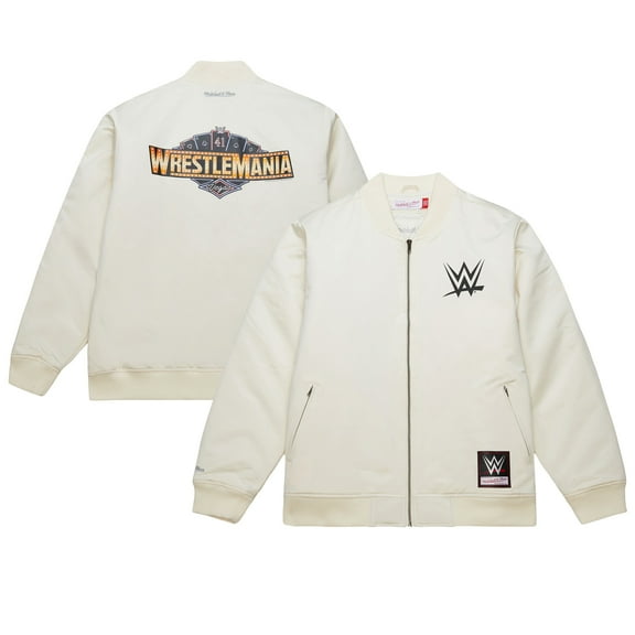 Men's Mitchell & Ness Cream WrestleMania 41 Logo Full-Zip Satin Jacket