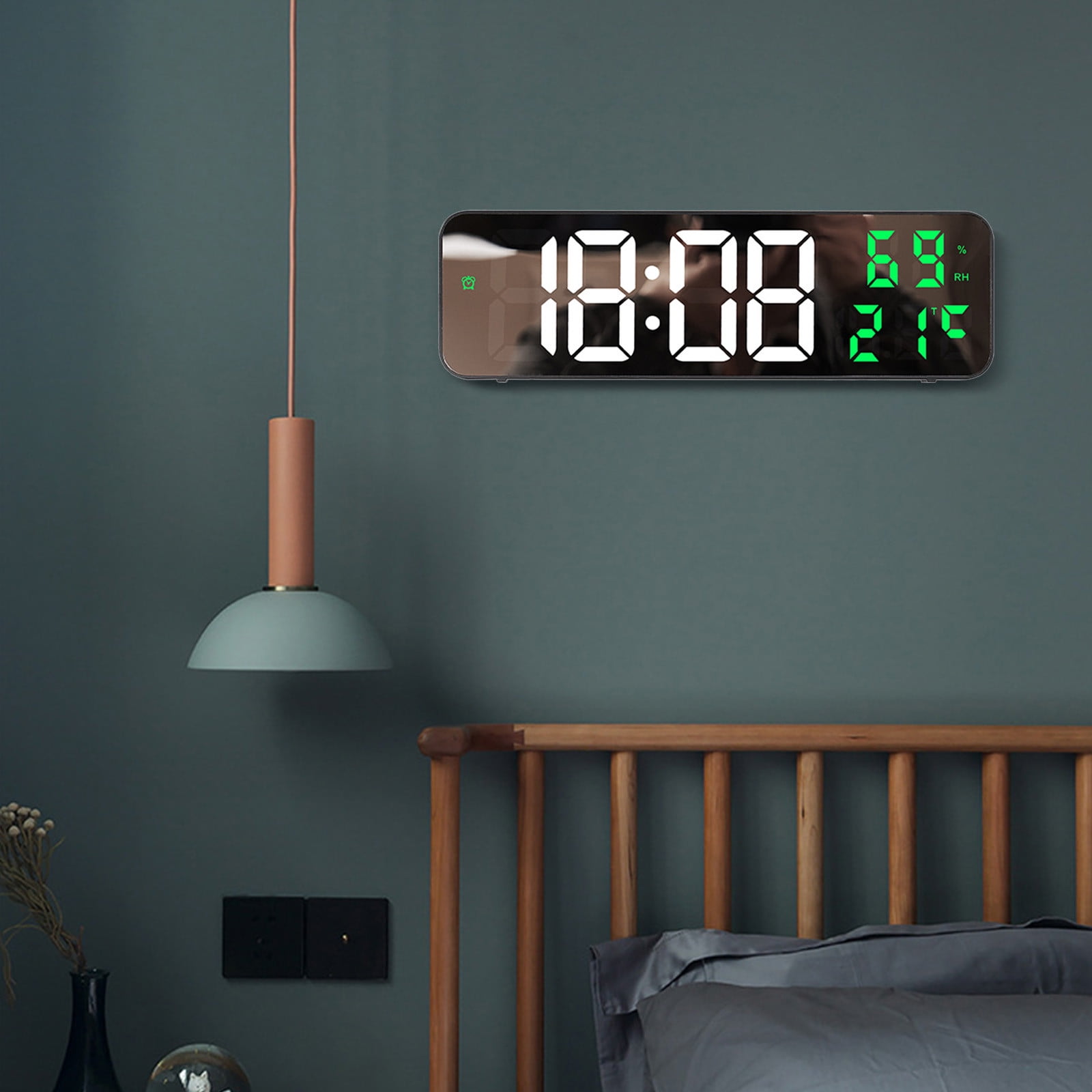 Iuhan LED Wall Clock, Large Digital Mirror Display with Temperature Date Humidity, Adjustable Brightness Alarm Clock for Home Office Bedroom Decor