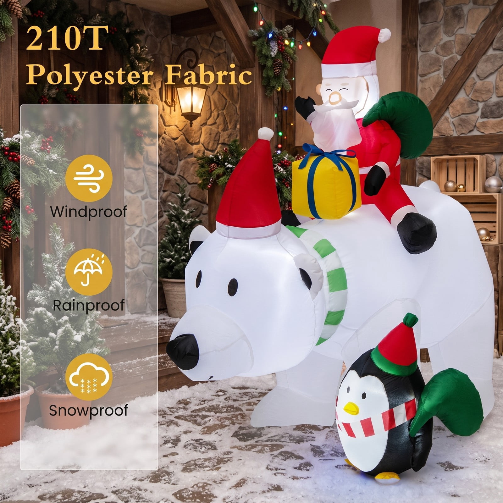 RUIE 7 Ft Inflatable Santa Claus Riding Bear with Penguin, Gift Bags and Gift Box, LED Lighted Christmas Yard Inflatable Blow Up Outdoor Holiday Decoration, Multicolor