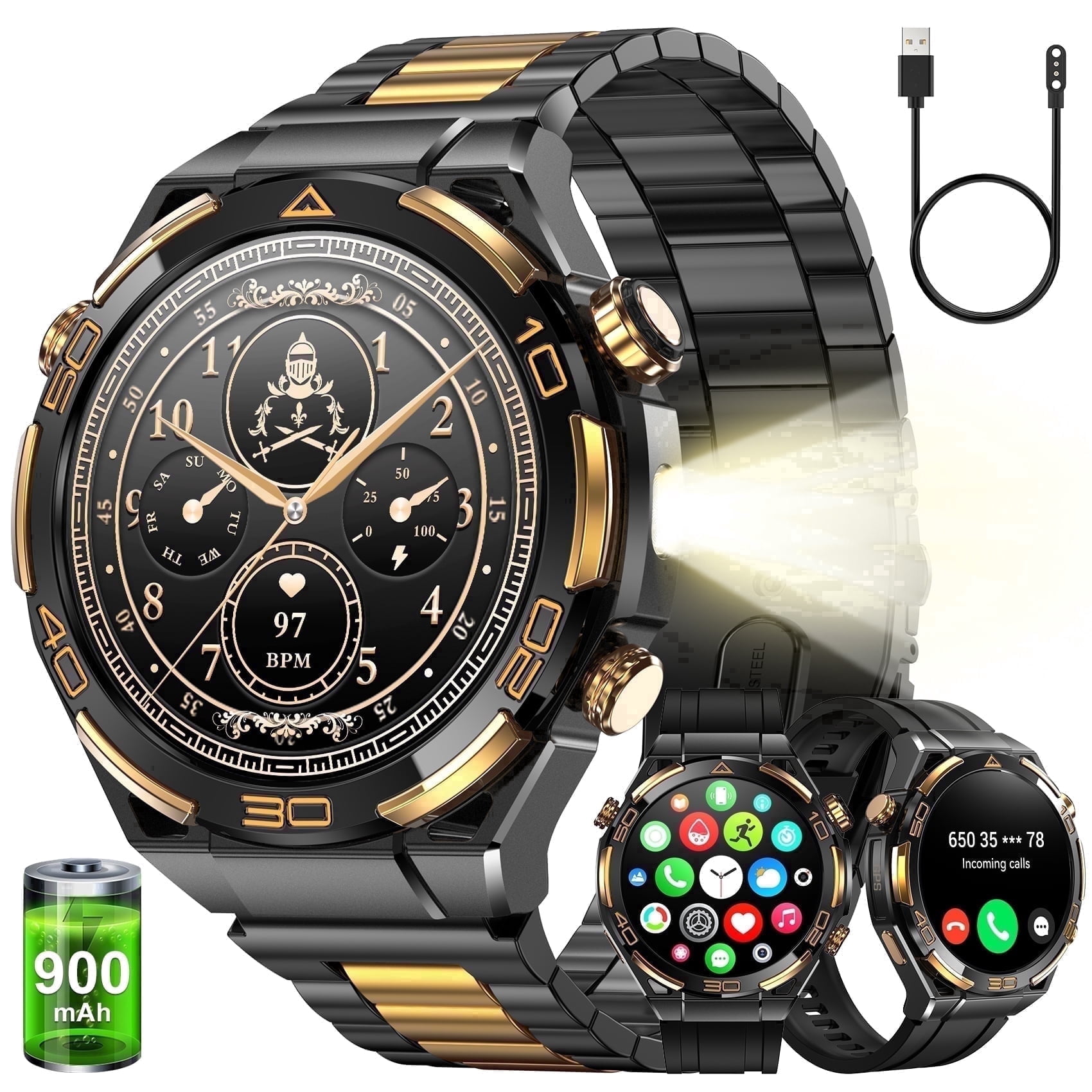 IOWODO Smart Watch for Men, 1.43" AMOLED Military Smartwatch with Bluetooth Call & Answer, Fitness Tracker, 100+ Sport Modes, Flashlight, 900mAh, 1ATM Waterproof Compatible with Android iOS (Black)