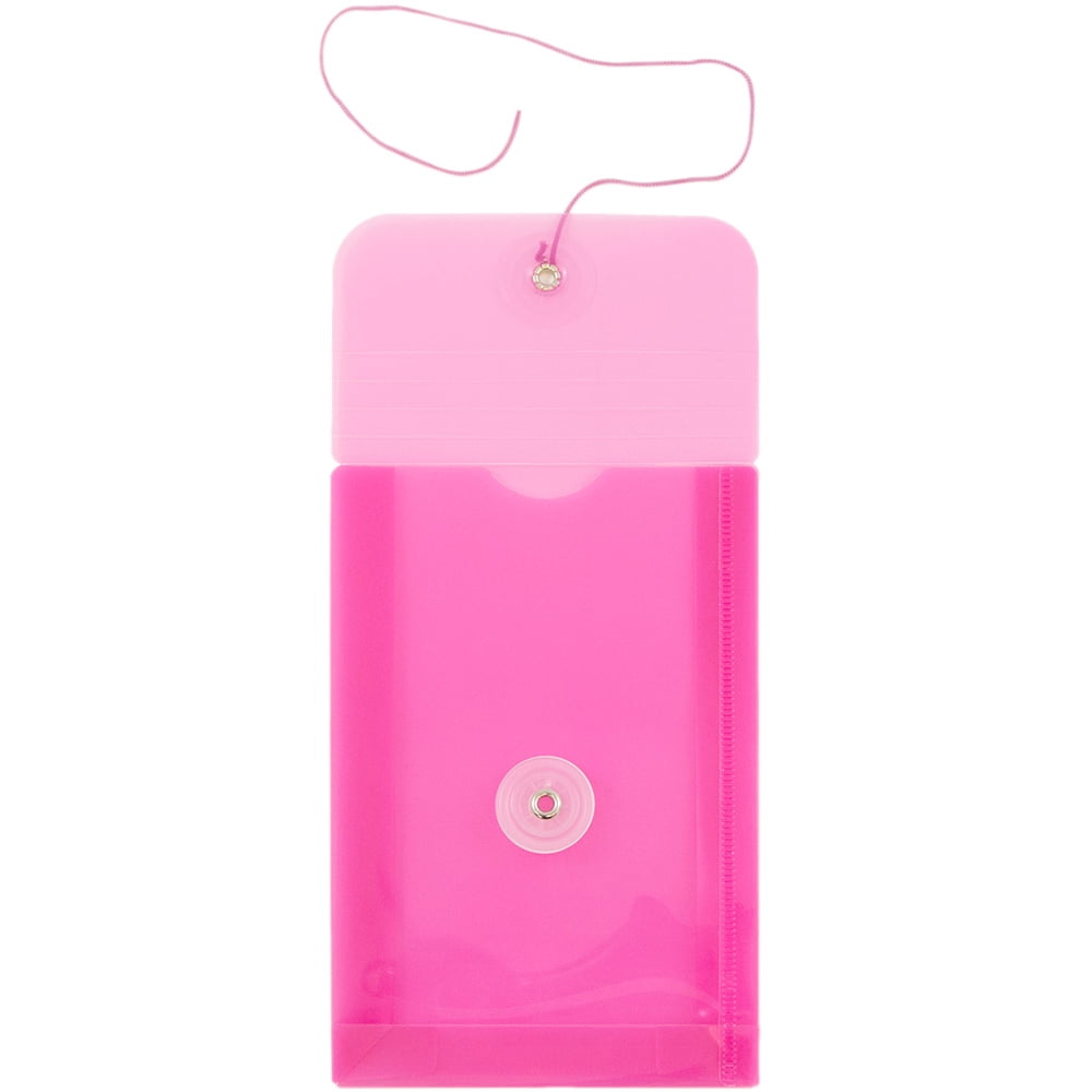 JAM Paper Plastic Envelopes with Button & String Tie Closure, 4 1/4 x 6 1/4, Fuchsia Pink, 3/Pack