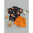 thumbnail image 4 of Qiylii Kids Boys Halloween Shorts Outfits Set, Short Sleeve Ghost/Pumpkin Print Shirt + Elastic Waist Shorts + Bowtie,9M-5Years, 4 of 9