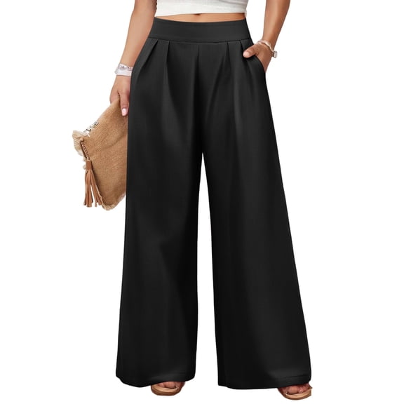 KLHDSF Flowy Pants for Women Casual High Waisted Wide Leg Palazzo Pants Trousers with Pocket Plus Size Black L