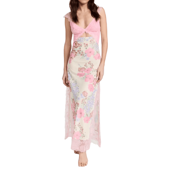 Michellecmm Women Long Bodycon Dress Floral Print Lace Patchwork Cutout V-Neck Sleeveless Dress Summer Slit Backless Party Dress