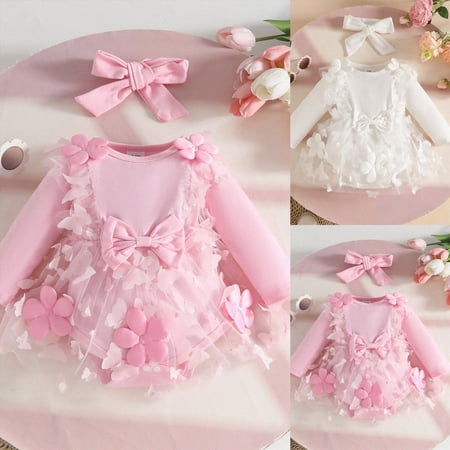 0-3 Months Newborn Bodysuit Baby Girl Flower Dress Fall Winter Tutu Wedding Birthday Party Dresses For Newborn Girls White Newborn Gift