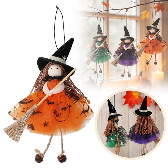 Hangable Witch Doll Ornament | Halloween Small Witch Figurine with Gauze Skirt,Sorceress Doll with Broom,Halloween Hanging Decoration,for Haunted House Room Door and Window Decoration