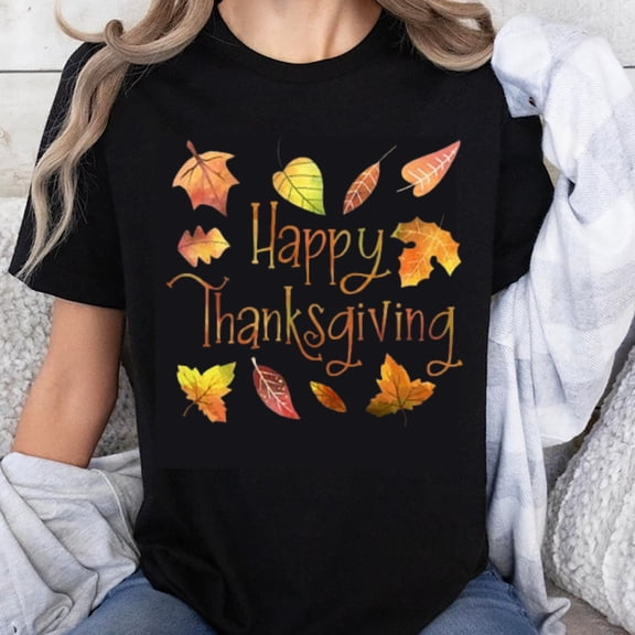 100% Cotton Happy Thanksgiving Autumn Leaves Graphic T-Shirt Women Fall Seasonal Holiday Shirt Casual Top for Turkey Day Celebration