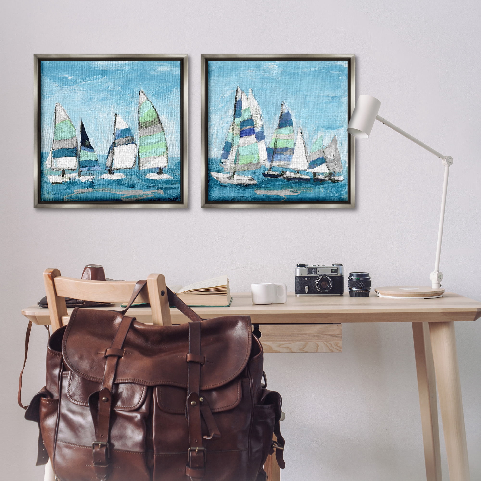 Stupell Industries Soothing Sailboats Drifting Marina Nature Painting Gray Floater Framed Canvas Art Print Wall Art, 25 x 25, Set of 2