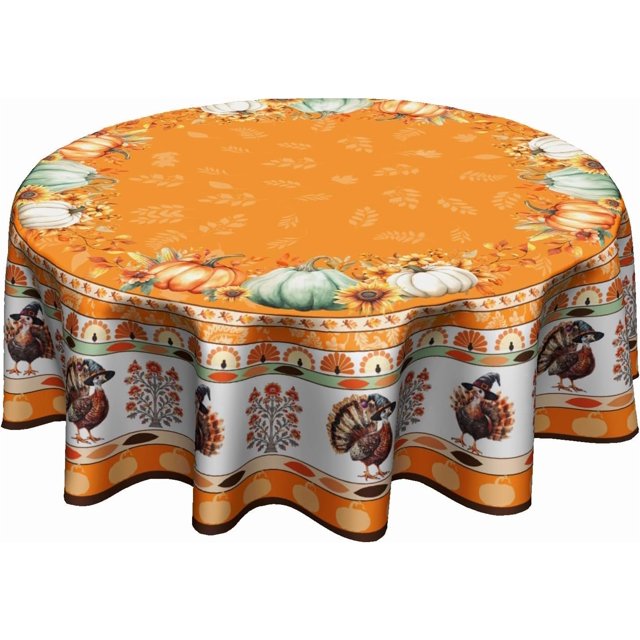 Thanksgiving Fall Tablecloth Boho - Orange Round Table Cloths 60 Inch Pumpkin Turkey Table Covers for Party Kitchen Farmhouse Picnic
