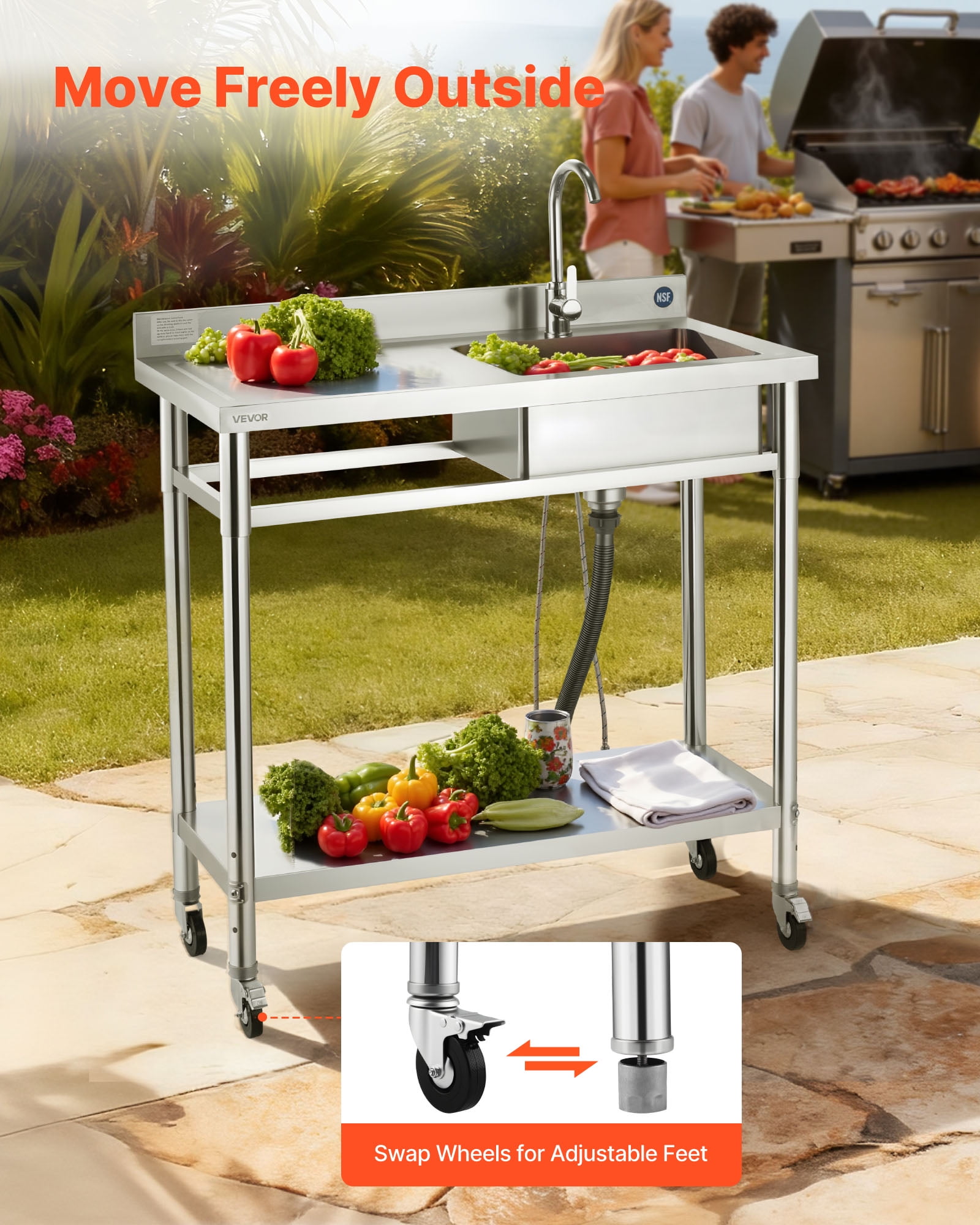 VEVOR Stainless Steel Utility Sink,Rolling Single Bowl Commercial Kitchen Sink with Wheels,Faucet and Hot & Cold Water Pipe,Utility Basin Workbench for Garage Restaurant Laundry 39.4 x 19.7 x 41.5 in