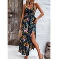 thumbnail image 6 of Wycnly Summer Dresses for Women Summer Dresses for Women 2024 Elastic Waist Slit Pleated Swing Beach Strap Halter Long Dress Girls Fashion Floral Print V-Neck Sleeveless Maxi Dresses, 6 of 6