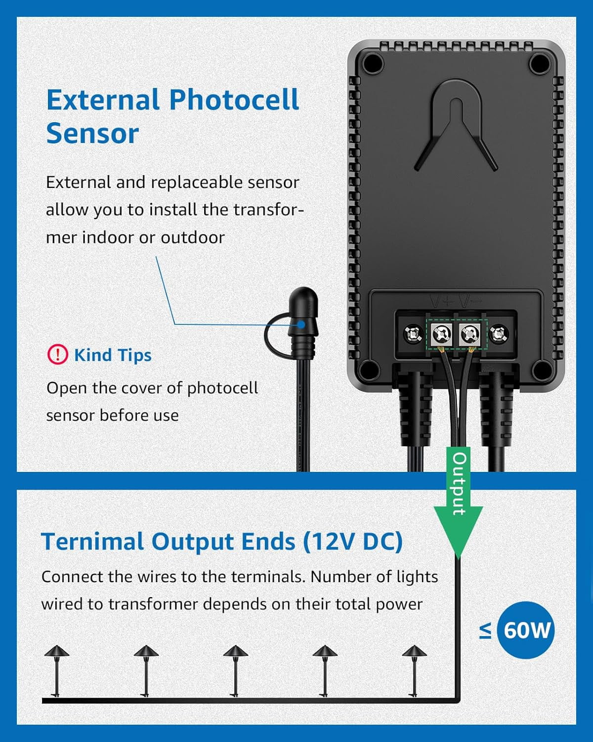 SUNVIE 60W Low Voltage Landscape Transformer with Timer and Photocell Sensor Step Down Transformer