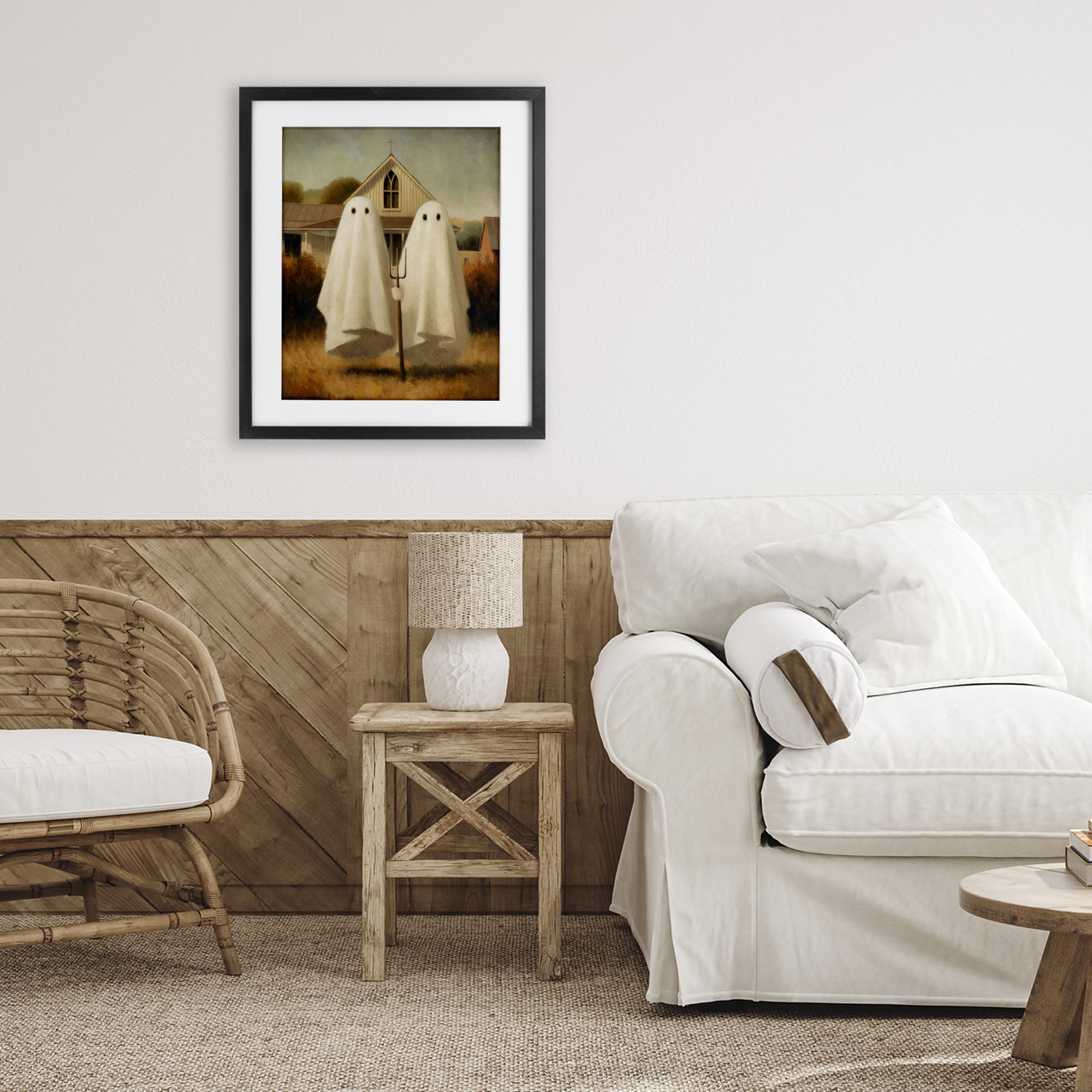 American Gothic Ghosts Black Framed Print Under Glass, design by Arlington Prints