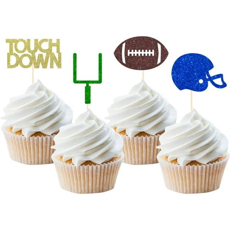 24 Pieces football Theme Glitter Cupcake Topper Cake Picks Decoration for Baby Shower Birthday Party Favors, Sunday Party Supplies with Touchdown, Football and Field Goal