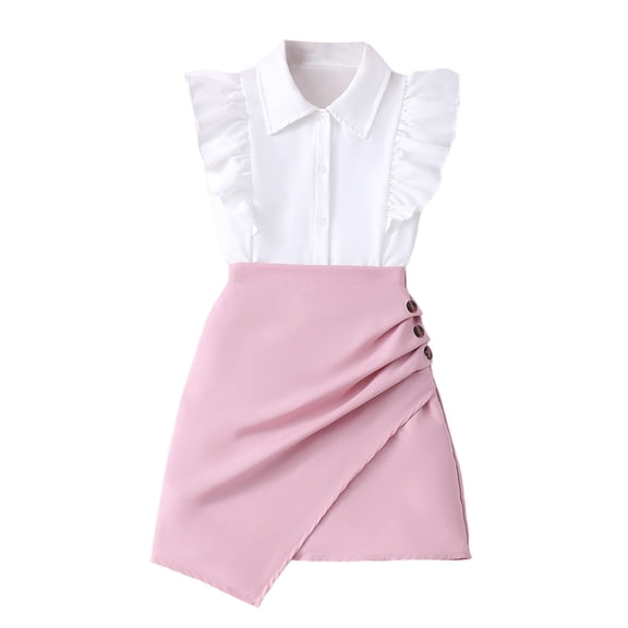 Gbsyewxs Girls Outfit Set 2 Piece Lapel Flutter Sleeve Solid Color Tops And Skirts Set Button Casual Summer Girls Clothes Pink Size 9-10 Years