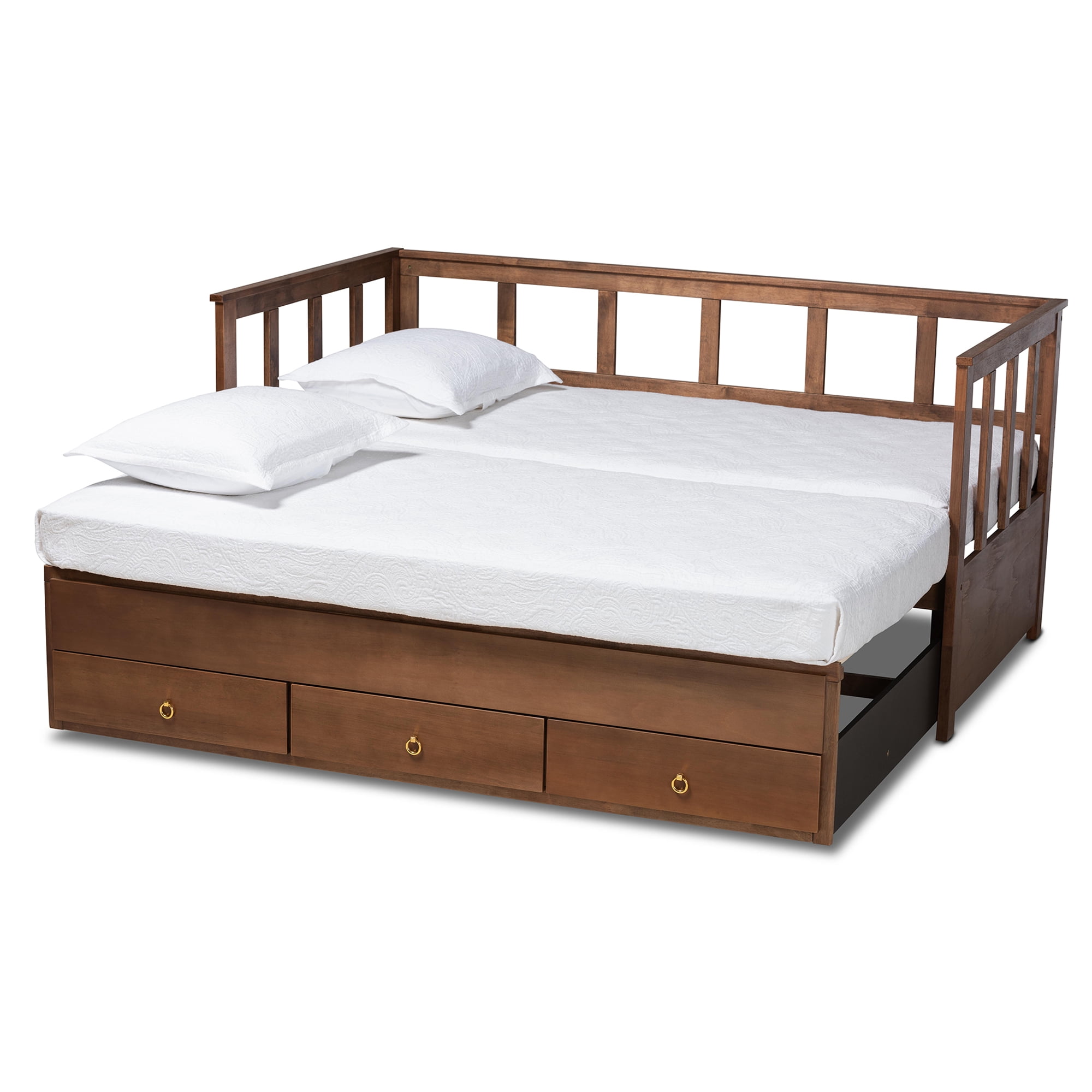 Baxton Studio Kendra Modern and Contemporary Walnut Brown Finished Expandable Twin to King Daybed with Storage Drawers, Walnut/Gold