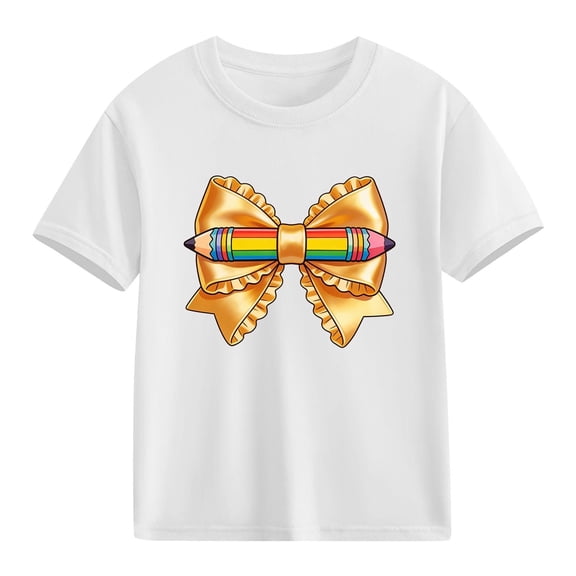 Girls White Graphic T-Shirt, Cute Kids Tee with Rainbow Bow & Crayon, Cotton Short Sleeve Crewneck Top for Kids,Size 9 T