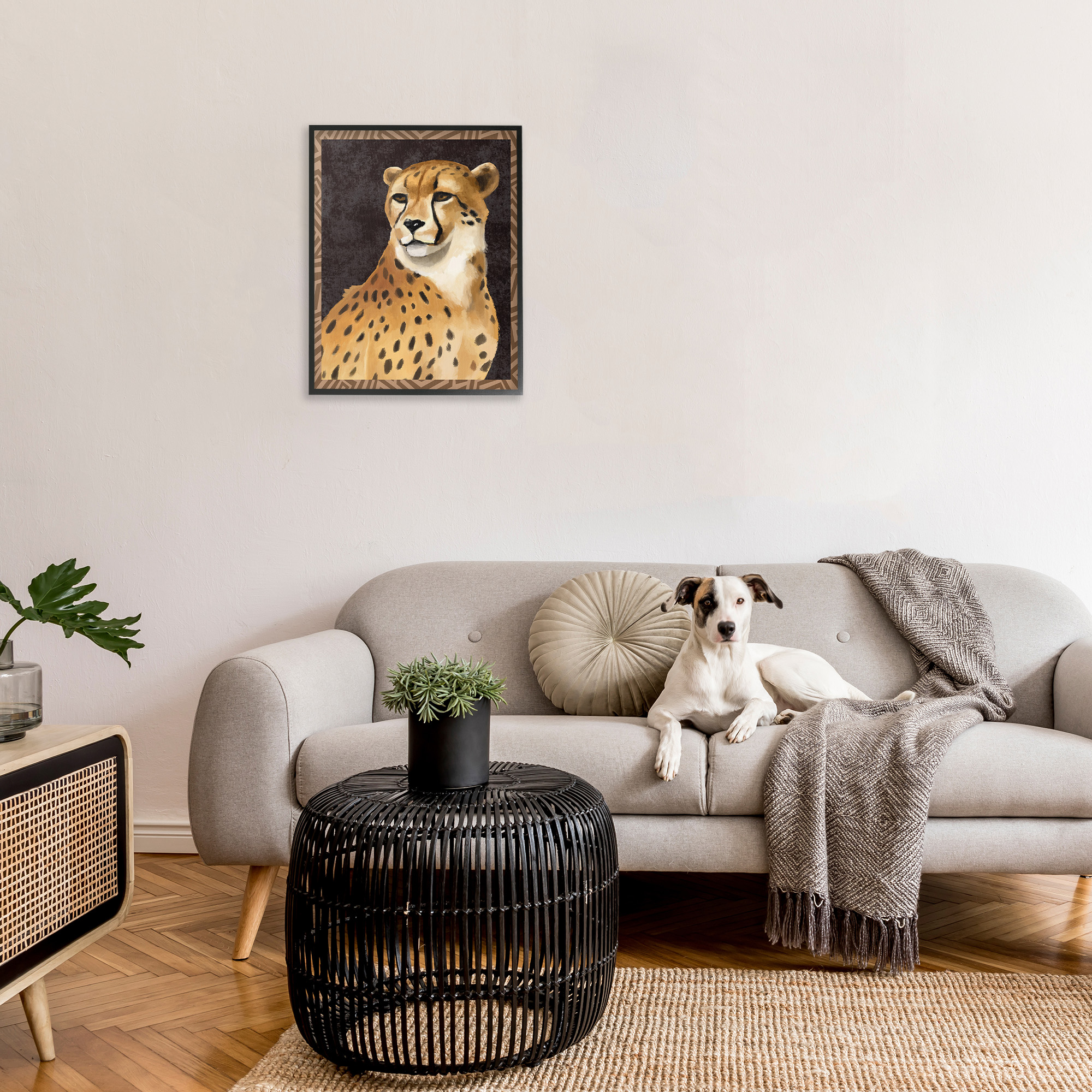 Stupell Industries Leopard with Geometric Border Animals & Insects Painting Black Framed Art Print Wall Art, 24 x 30