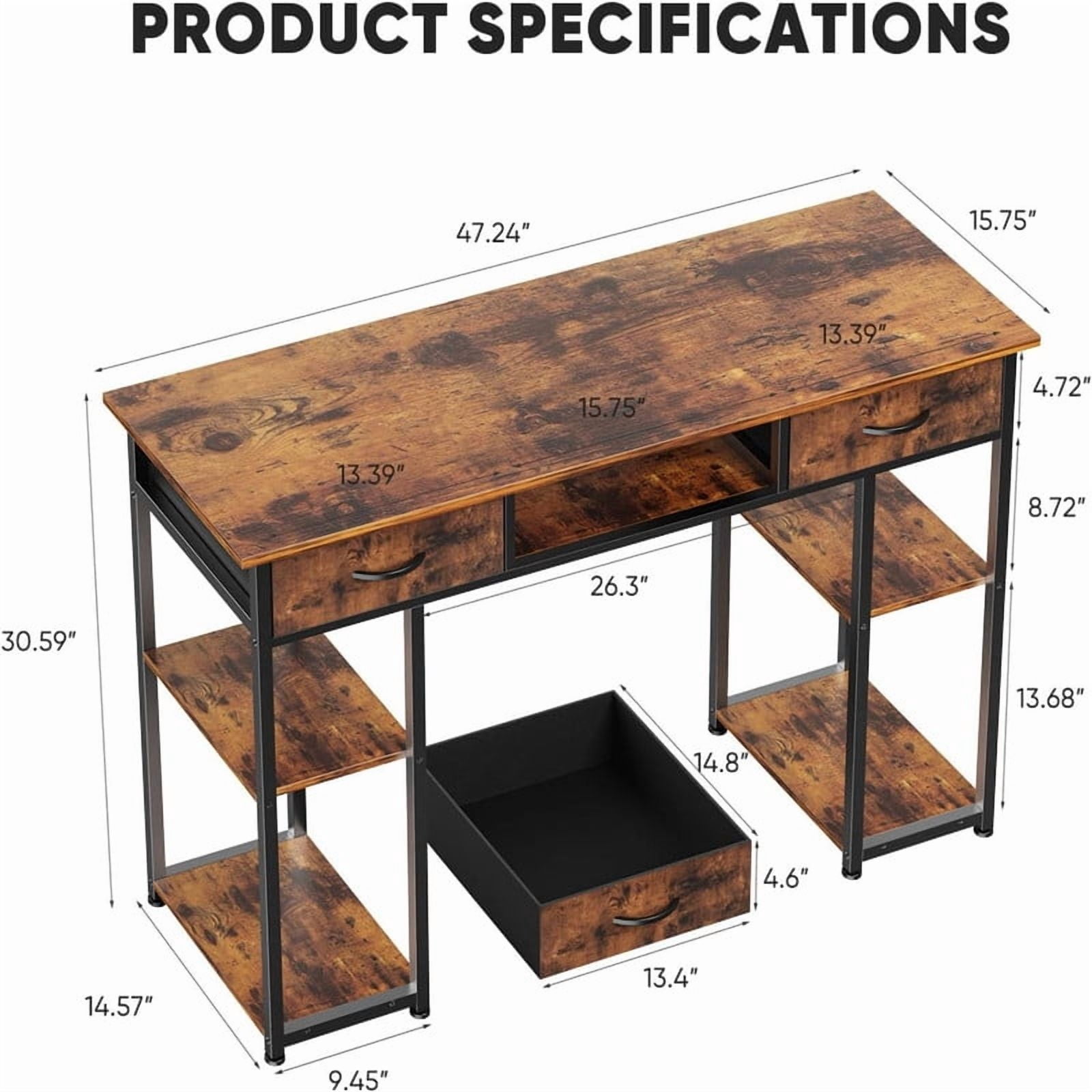 Kelno 48 Inch Computer Desk with 2 Fabric Drawer Storage Shelf Gaming Writing Table, Rustic Brown